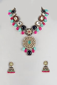 Two-Tone Imitation Kundan Polki & Blue Quartz Stone Long Necklace Set