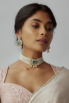 Gold Finish Imitation Kundan Polki & Pearl Choker Necklace Set