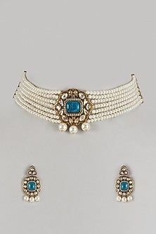 Gold Finish Imitation Kundan Polki & Pearl Choker Necklace Set