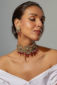 Two-Tone Finish Imitation Kundan Polki & Red Semi-precious Stone Choker Necklace Set