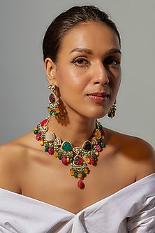 Gold Finish Imitation Kundan Polki & Navratna Stone Long Necklace Set