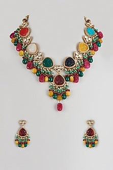 Gold Finish Imitation Kundan Polki & Navratna Stone Long Necklace Set