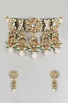 Gold Finish Imitation Kundan Polki & Semi-Precious Stone Choker Necklace Set