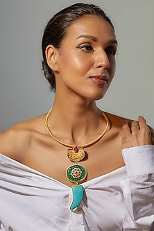 Gold Finish Turquoise & Semi-Precious Stone Necklace Set