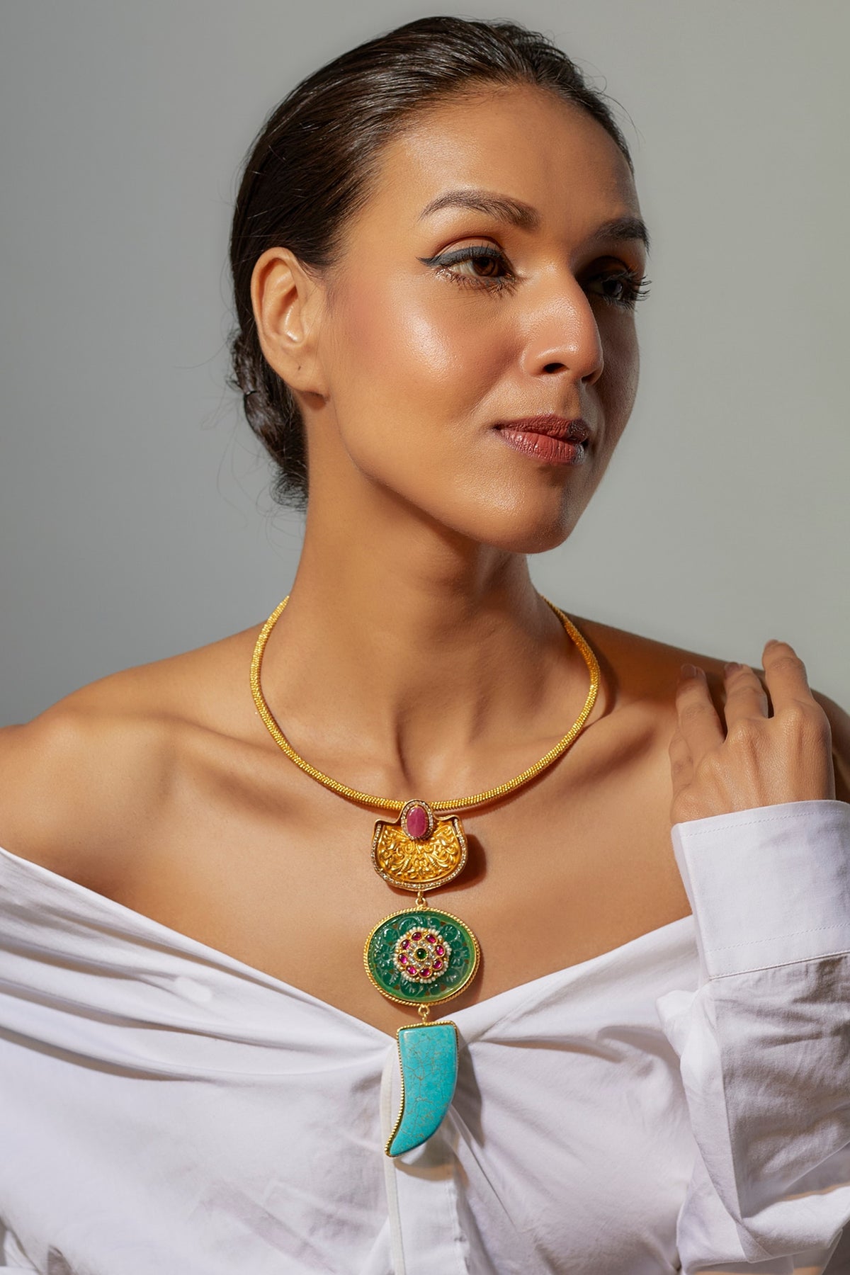 Gold Finish Turquoise & Semi-Precious Stone Necklace Set