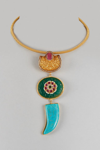 Gold Finish Turquoise & Semi-Precious Stone Necklace Set