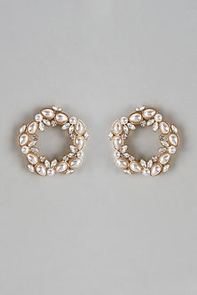 Gold Finish Faux Pearl & CZ Stone Hoop Earrings