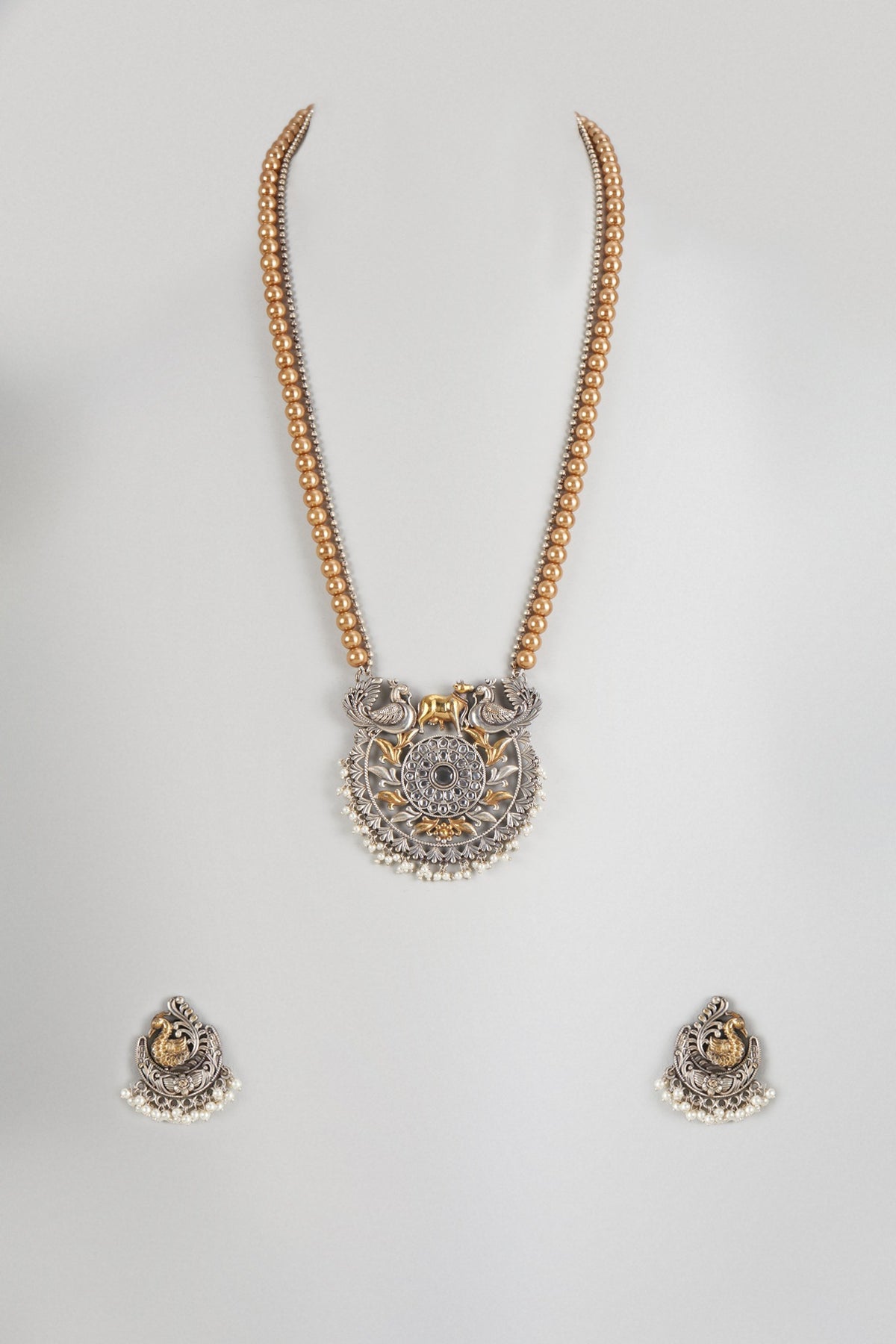 Two-Tone Finish Imitation Kundan Polki & Semi-Precious Stone Long Necklace Set