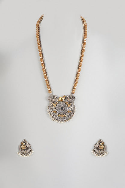 Two-Tone Finish Imitation Kundan Polki & Semi-Precious Stone Long Necklace Set