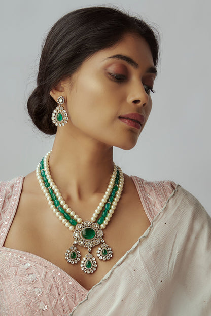Gold Finish Imitation Kundan Polki & Green Quartz Stone Long Necklace Set