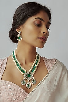 Gold Finish Imitation Kundan Polki & Green Quartz Stone Long Necklace Set