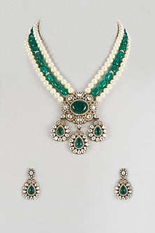 Gold Finish Imitation Kundan Polki & Green Quartz Stone Long Necklace Set