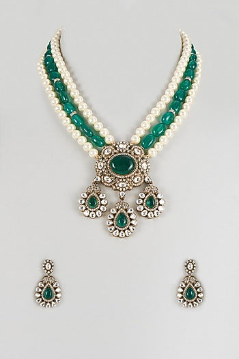 Gold Finish Imitation Kundan Polki & Green Quartz Stone Long Necklace Set