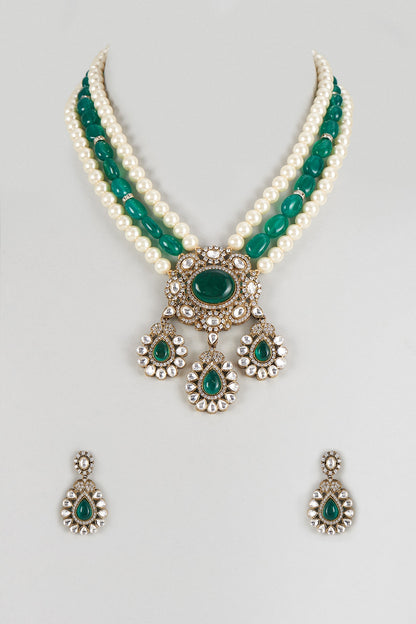 Gold Finish Imitation Kundan Polki & Green Quartz Stone Long Necklace Set
