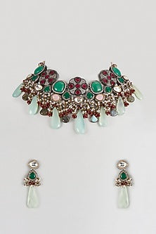 Two-Tone Finish Imitation Kundan Polki & Aqua Quartz Stone Necklace Set