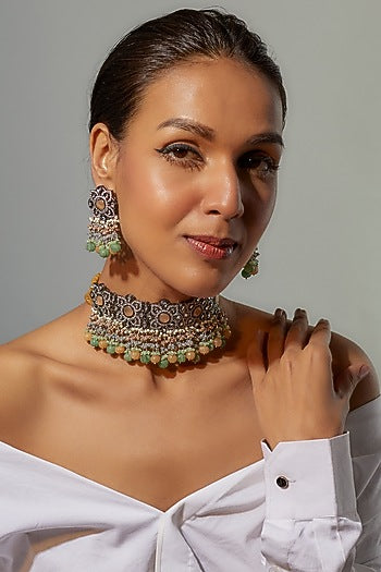 Two-Tone Finish Imitation Kundan Polki & Semi-Precious Stone Necklace Set