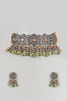 Two-Tone Finish Imitation Kundan Polki & Semi-Precious Stone Necklace Set