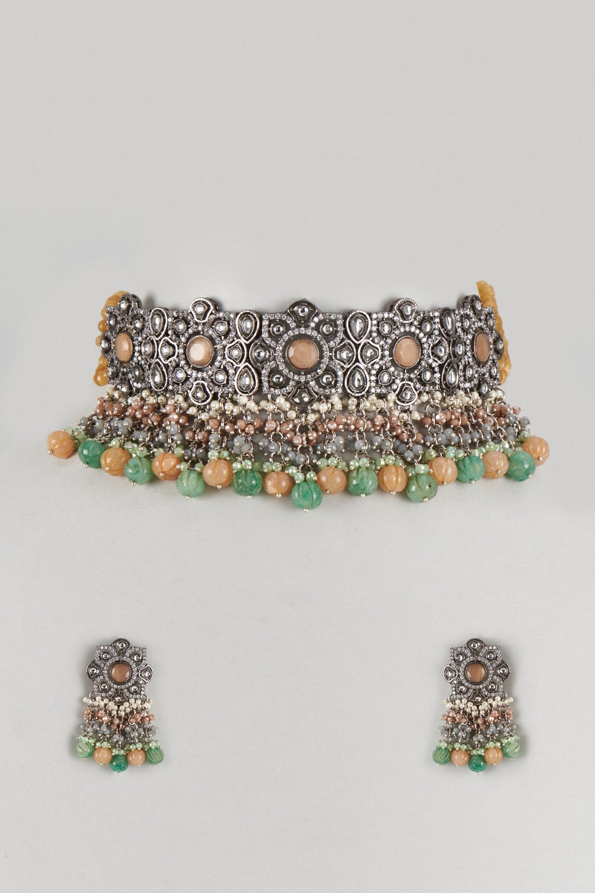 Two-Tone Finish Imitation Kundan Polki & Semi-Precious Stone Necklace Set