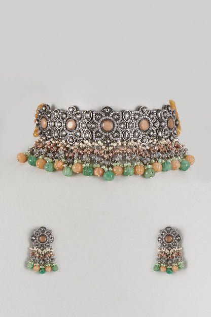 Two-Tone Finish Imitation Kundan Polki & Semi-Precious Stone Necklace Set