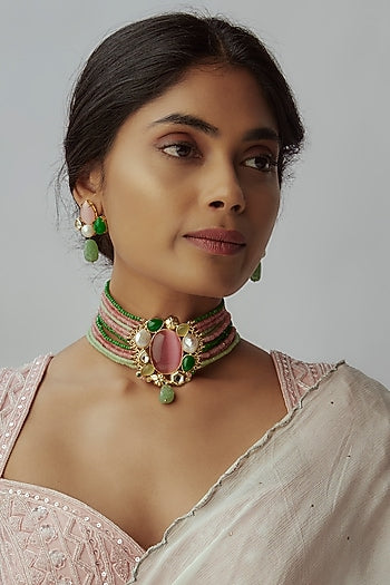 Gold Finish Multi-Colored Quartz & Semi-Precious Stone Choker Necklace Set