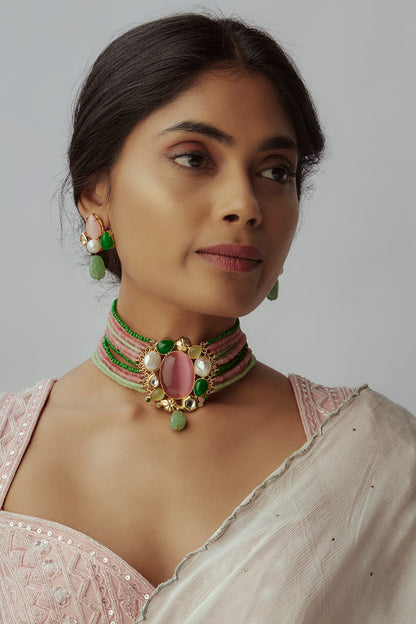 Gold Finish Multi-Colored Quartz & Semi-Precious Stone Choker Necklace Set