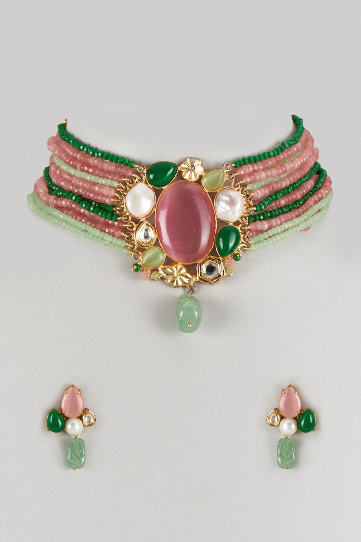 Gold Finish Multi-Colored Quartz & Semi-Precious Stone Choker Necklace Set