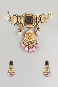 Gold Finish Imitation Kundan Polki & Semi-Precious Stone Choker Necklace Set