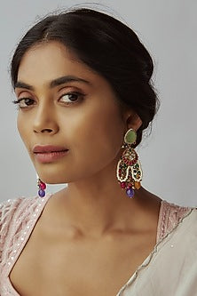 Two Tone Finish Imitation Kundan Polki & Semi-Precious Stone Dangler Earrings