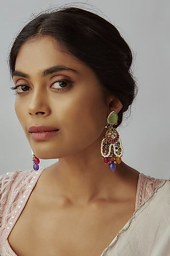 Two Tone Finish Imitation Kundan Polki & Semi-Precious Stone Dangler Earrings