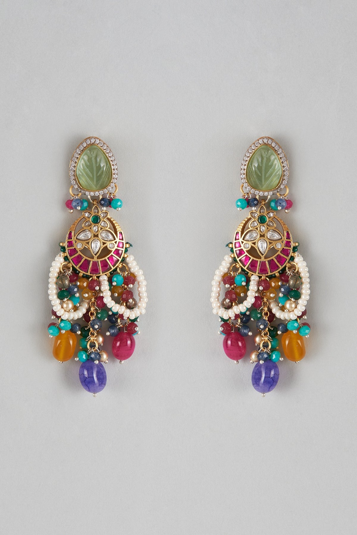 Two Tone Finish Imitation Kundan Polki & Semi-Precious Stone Dangler Earrings