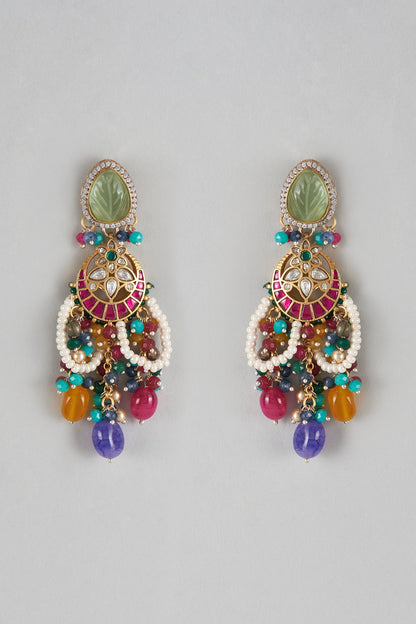 Two Tone Finish Imitation Kundan Polki & Semi-Precious Stone Dangler Earrings