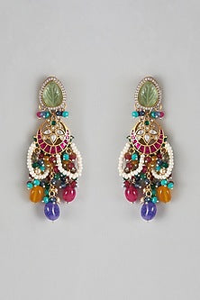 Two Tone Finish Imitation Kundan Polki & Semi-Precious Stone Dangler Earrings