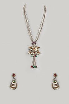Two Tone Finish Imitation Kundan Polki & Semi-Precious Stone Long Necklace Set