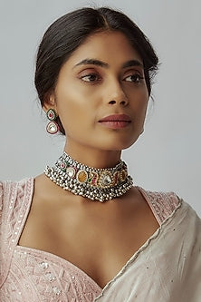 Two Tone Finish Imitation Kundan Polki & Semi-Precious Stone Choker Necklace Set