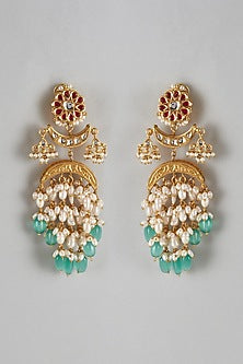 Gold Finish Imitation Kundn Polki & Semi-Precious Stone Dangler Earrings