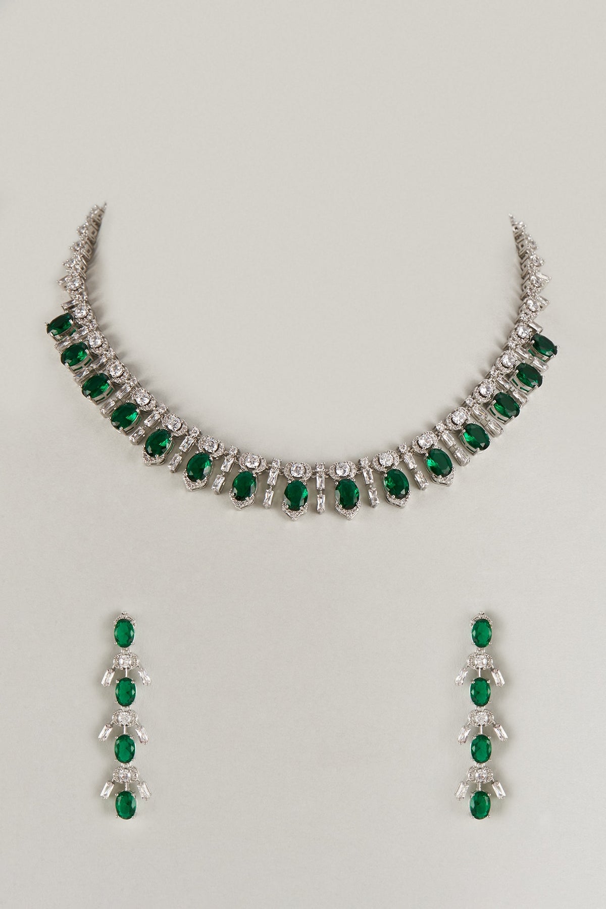 White Finish CZ & Green Stone Necklace Set