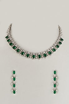 White Finish CZ & Green Stone Necklace Set