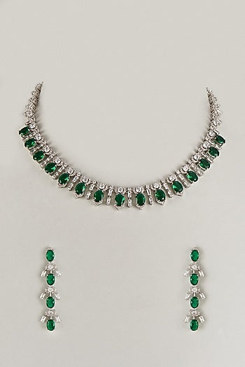 White Finish CZ & Green Stone Necklace Set