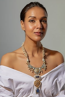 Two Tone Finish Imitation Kundan Polki & Semi-Precious Stone Long Necklace