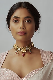 Two Tone Finish Imitation Kundan Polki & Semi-Precious Stone Choker Necklace