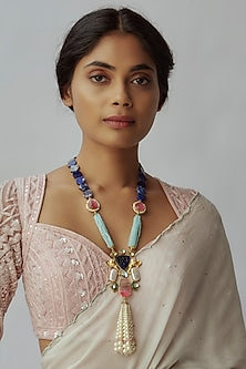 Gold Finish Quartz & Semi-Precious Stone Long Necklace