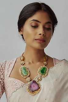 Gold Finish Purple Agate & Semi-Precious Stone Necklace