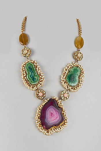 Gold Finish Purple Agate & Semi-Precious Stone Necklace