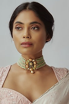 Gold Finish Imitation Kundan Polki & Semi-Precious Stone Choker Necklace