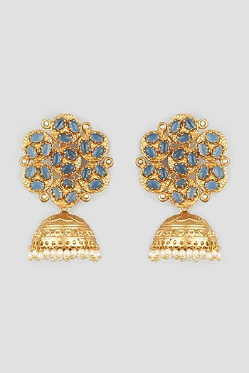 Gold Finish Blue Zircons Earrings