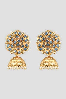 Gold Finish Blue Zircons Earrings