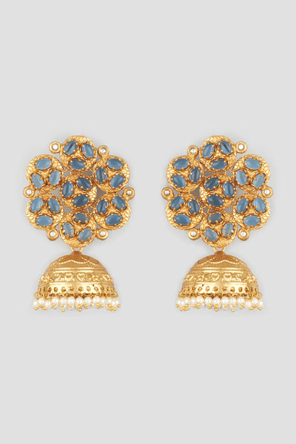 Gold Finish Blue Zircons Earrings