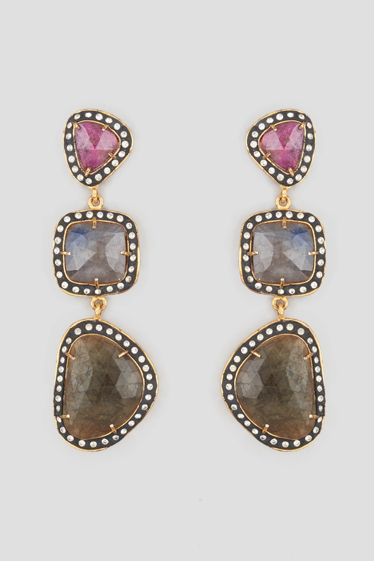 Two Tone Finish Sapphire Stone Earrings In Brass