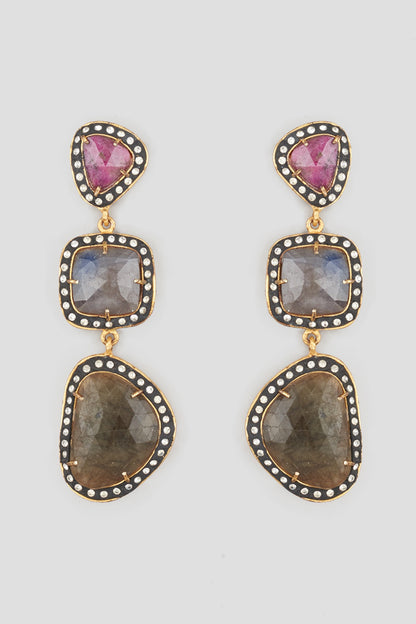 Two Tone Finish Sapphire Stone Earrings In Brass