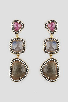 Two Tone Finish Sapphire Stone Earrings In Brass